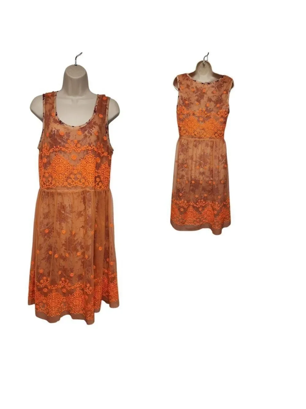 Anthropologie Uncle Frank Embroidered Mesh Overlay Neon Orange Floral Dress Sz M
